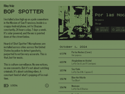 A green-toned digital screen displays an article titled "Bop Spotter," detailing a music surveillance setup in San Francisco, featuring a playlist with songs and times scheduled for October 1, 2024.