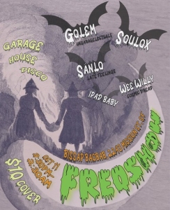 Halloween-themed poster featuring text about a music event with bands: Golem, Soulox, Sanlo, iPad Baby, Wee Willy. Event on 6/11, 7:30 PM. Cover: $10. Background shows two figures in costumes.
