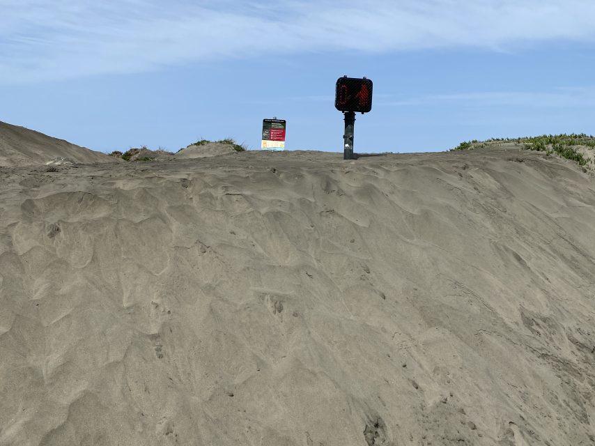 Sandy dune with a warning sign and a stop sign on poles under a clear sky.