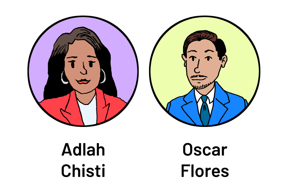 Illustration of two people in separate circular frames, labeled "Adlah Chisti" and "Oscar Flores," with a purple and yellow background respectively.