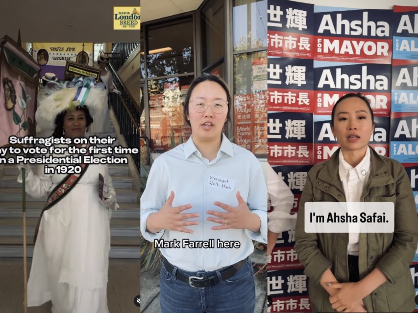 Three people stand separately: an older image of a suffragist with a banner, an individual with glasses and nametag, and a person speaking with campaign posters in the background.