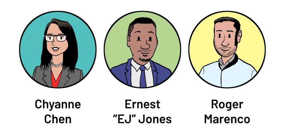 Illustration of three people with names below: Chyanne Chen, Ernest "EJ" Jones, and Roger Marenco, each in a circular frame against colored backgrounds.