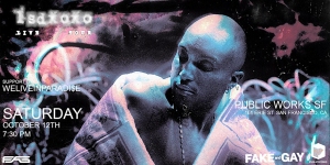 A person with a shaved head wearing headphones set against a colorful background. Text includes event details: "Saturday, October 12th, 7:30 PM, Public Works SF".