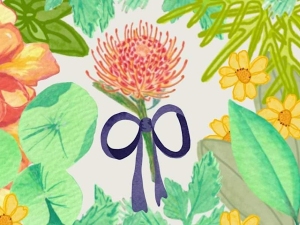 Illustration of a pink flower with a purple bow, surrounded by various green leaves and yellow flowers.