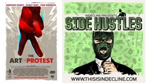 Posters for two films: "The Art of Protest" featuring a red-suited figure and "Side Hustles" showing a person in a mask.
