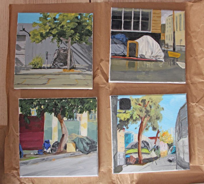 Four paintings depict urban scenes with tents and trees on sidewalks.