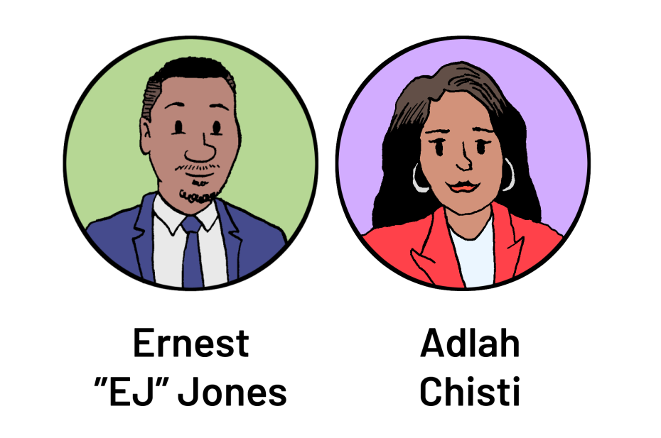 Illustration of two individuals: a man labeled Ernest "EJ" Jones, wearing a suit, and a woman, Adlah Chisti, in a red blazer. Both are depicted in circular frames with different colored backgrounds.