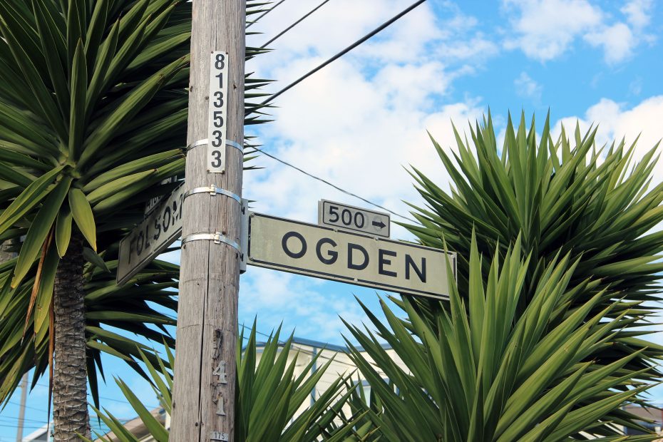 Street sign for Ogden at intersection, mounted on a utility pole, surrounded by spiky palm trees and set against a blue sky.