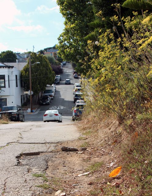Steep urban street with parked cars alongside overgrown vegetation and cracked pavement in the foreground.