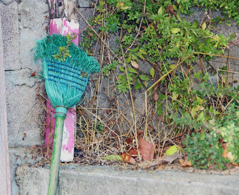 A worn blue broom leans against a weathered wall with green foliage and dry grass around it.