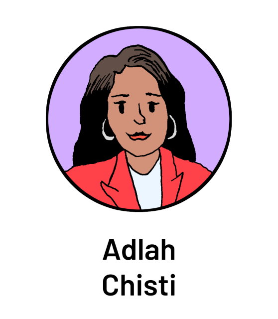 Illustration of a person with long hair wearing a red blazer and hoop earrings, set against a purple circle background with the name "Adlah Chisti" below.