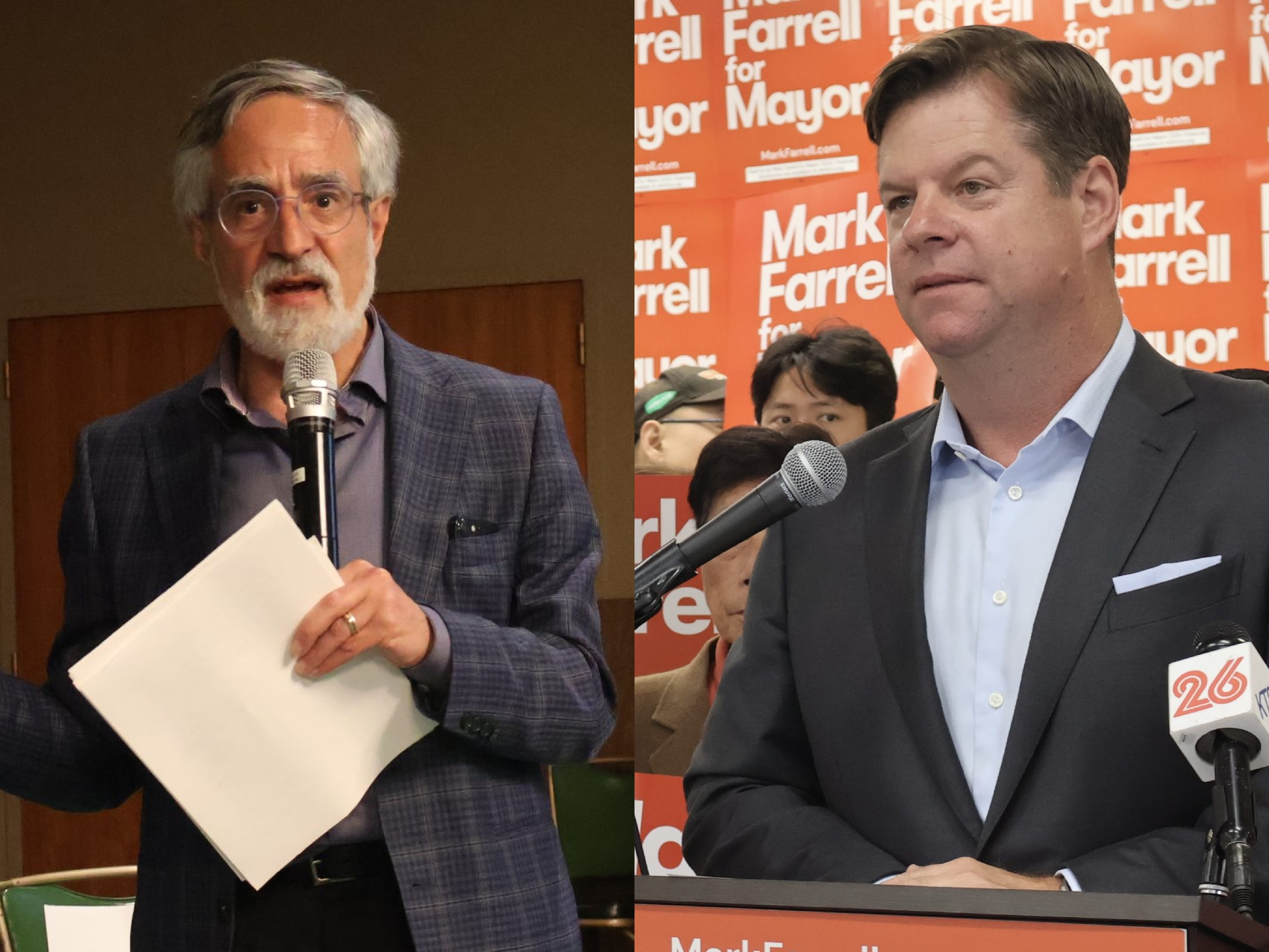 Two men wearing suits speak at separate podiums during public events. Both hold microphones; one man holds papers. Campaign signs are visible in the background.