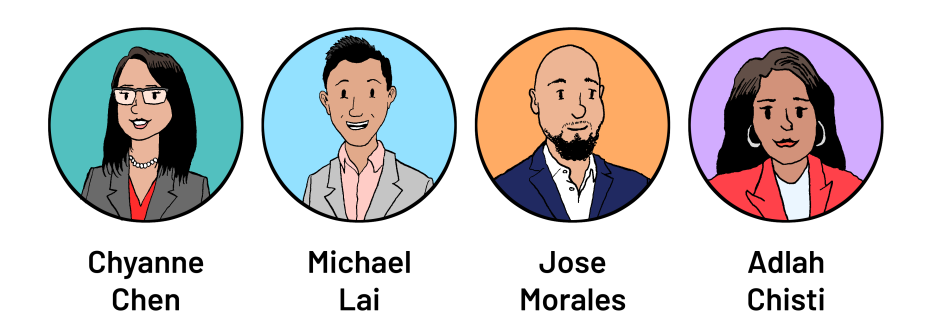 Illustration of four professionals: Chyanne Chen, Michael Lai, Jose Morales, and Adlah Chisti, each in a circle with different background colors.