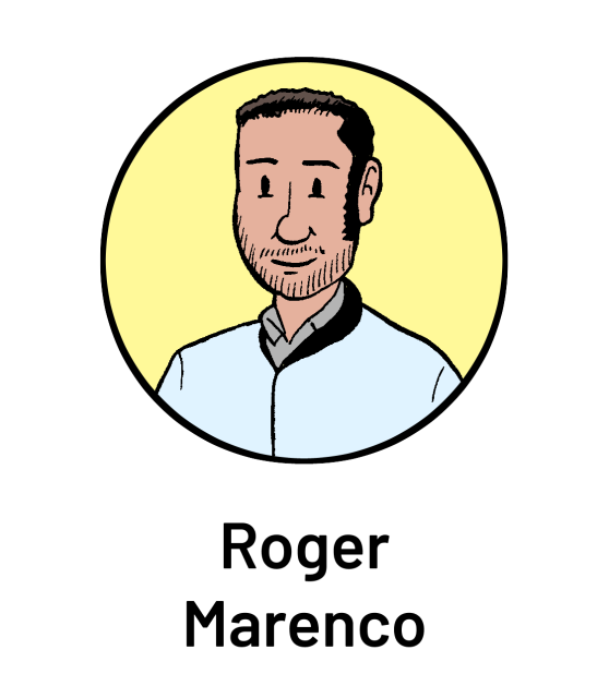 Cartoon illustration of a person with short hair and a beard, wearing a light blue shirt with a black collar. The name "Roger Marenco" is written below.