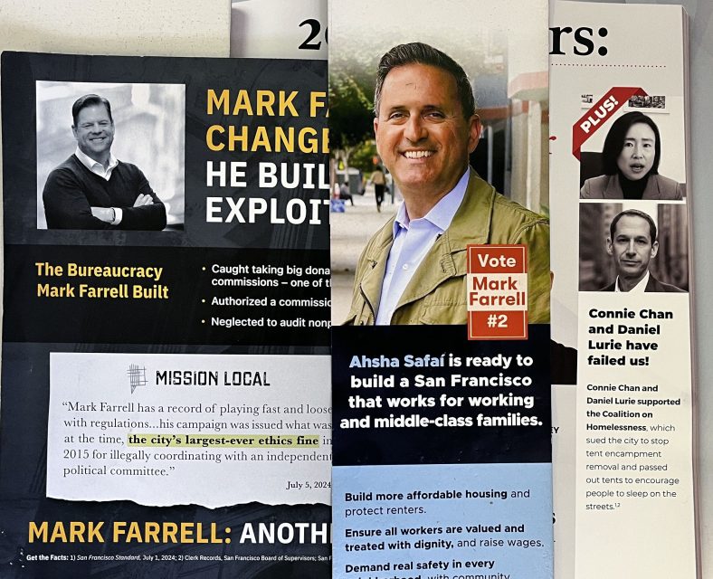 Campaign flyers for Mark Farrell and Asha Safai in the SF election feature text highlighting their positions and criticisms, underscoring pivotal issues shaping San Francisco's future.