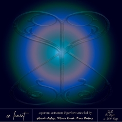 Abstract design with swirling blue and green patterns forming an hourglass shape. Text at the bottom lists "A Forest" event details including names: Hindol, Tiberiu, Nana.