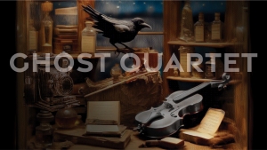 A violin, a crow, old books, and potion bottles are displayed in a dimly lit setting. The text "Ghost Quartet" is overlaid on the image.