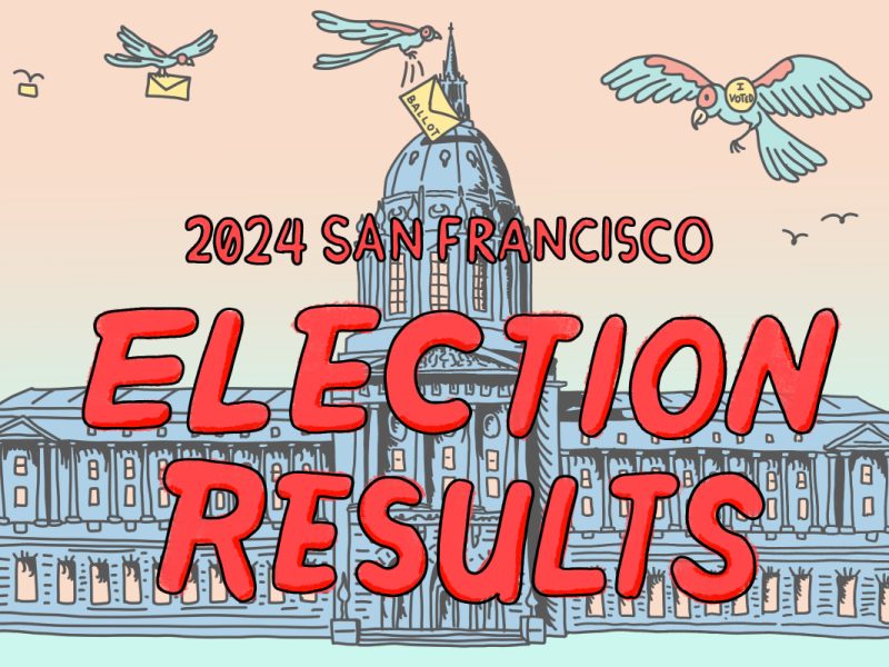 Illustration of San Francisco City Hall with the text "2024 San Francisco Election Results" and birds carrying ballots.