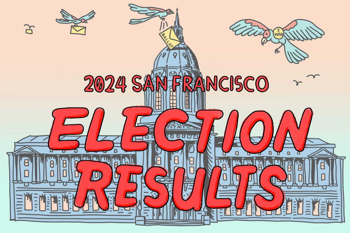 Illustration of San Francisco City Hall with the text "2024 San Francisco Election Results" and birds carrying ballots.