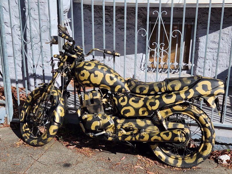 Motorcycle parked by a metal fence, painted with a yellow and black leopard print design.