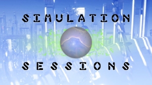 Text reads "Simulation Sessions" with a central sphere, set against a futuristic, blue-hued background.