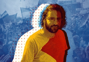 Illustrated image of a person with curly hair and glasses in a colorful shirt, set against a background of protestors holding flags and signs.