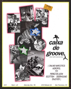 Black and white collage featuring musicians and a bold "caixa de groove" title. Vibrant stars overlay the collage. Event details at the bottom.