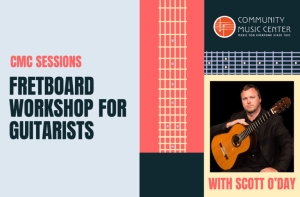 Promotional poster for a "Fretboard Workshop for Guitarists" with Scott O'Day at the Community Music Center. Features guitar graphics.