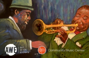 Painting of two jazz musicians: one playing a trumpet and the other wearing a hat. Logos for Art With Elders and Community Music Center are visible.