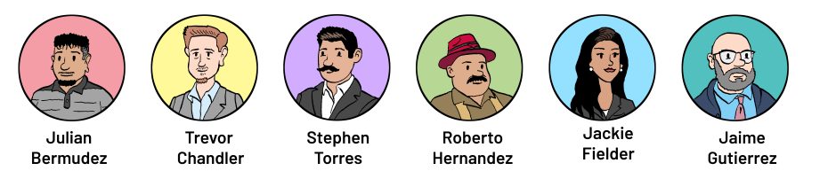 Illustration of six people in circular frames with names: Julian Bermudez, Trevor Chandler, Stephen Torres, Roberto Hernandez, Jackie Fielder, Jaime Gutierrez.