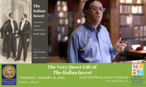 Man standing in a library setting next to a promotional poster for "The Italian Invert" event at the GLBT Historical Society Museum.