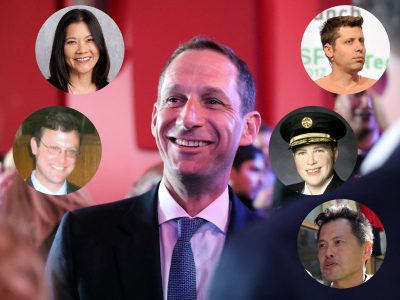 A man in a suit is smiling in the center, surrounded by smaller, circular images of five people against a red background.