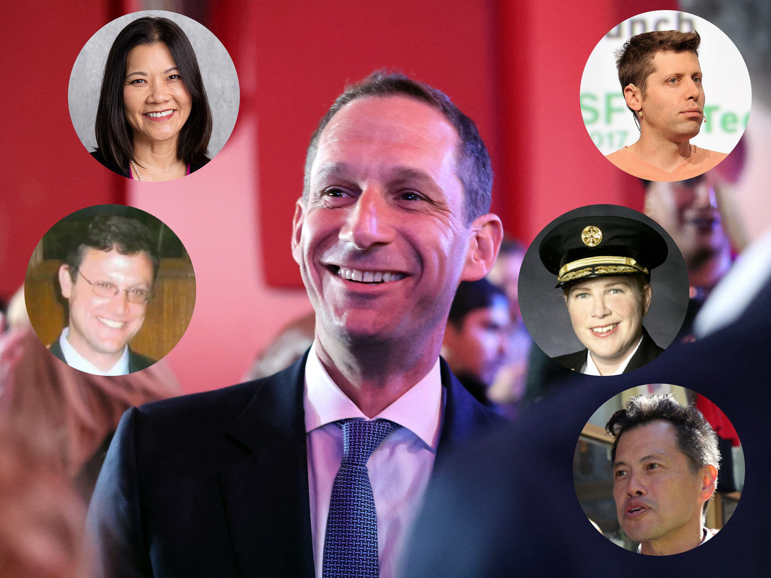 A man in a suit is smiling in the center, surrounded by smaller, circular images of five people against a red background.