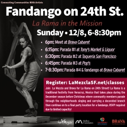 Flyer for "Fandango on 24th St." event, December 8, 6-8:30pm, featuring parades and fandango at Brava Cabaret. Details and registration info included.