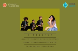 Poster for "I Believe," featuring a saxophone quartet and a seated woman. Event by Community Music Center and Classical Tahoe, on November 4, 2023, at 12:45 p.m.