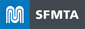 SFMTA logo with a blue square and a stylized white "M" on the left, and "SFMTA" in white on a dark gray background on the right.