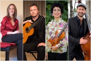 Four musicians in a collage: a woman sitting with a piano, a man with a guitar, a woman holding a violin, and a man with a double bass stand against different backdrops.