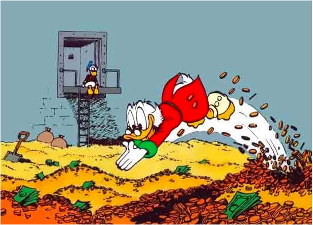 A cartoon duck wearing a red coat dives into a pile of coins, while another duck observes from a distance near a ladder.
