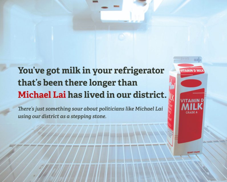 A carton of milk sits lonely in an otherwise empty refrigerator, its age rivaling a political tenure. The text critiques Michael Lai's use of the district as a mere stepping stone amid the SF election buzz.