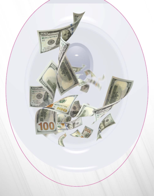 Various denominations of U.S. dollar bills swirling in a toilet bowl, suggesting money being wasted or lost.