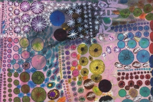 Abstract artwork featuring various colorful, textured circles and starburst shapes on a pink and dark background.