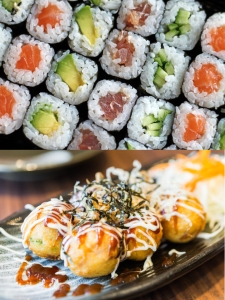 Sushi rolls with various fillings above and takoyaki drizzled with sauce and mayo below on a plate.