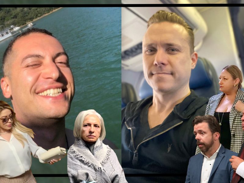 Collage of seven people in different settings: two men smiling separately, a woman with a notepad, another in a coat, a man in a suit, a woman with crossed arms, and a man seated on a plane.