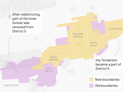 A map showing revised boundaries of District 5, with the Inner Sunset removed and the Tenderloin added. New boundaries are in yellow; old boundaries are in purple.