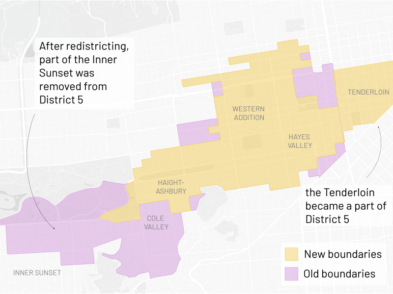A map showing revised boundaries of District 5, with the Inner Sunset removed and the Tenderloin added. New boundaries are in yellow; old boundaries are in purple.