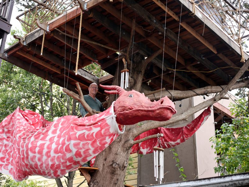 A person sits in a treehouse with a red dragon sculpture suspended below.