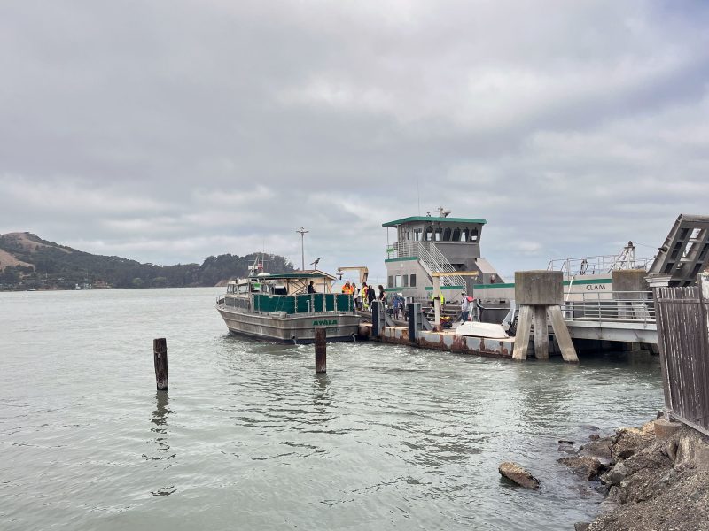 A ferry docked at a pier on a cloudy day, with hills visible in the background. Passengers are boarding or disembarking.