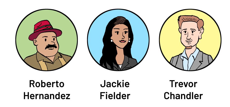 Illustration of three people with names: Roberto Hernandez, Jackie Fielder, Trevor Chandler, each in a colored circle background.