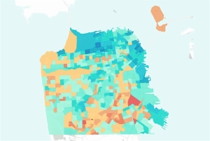 A color-coded map showing different regions, possibly representing data like population density or demographics, with varying shades of blue, orange, and red.