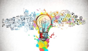 A colorful light bulb surrounded by various doodles, including musical notes, gears, and charts, symbolizing creativity and ideas.